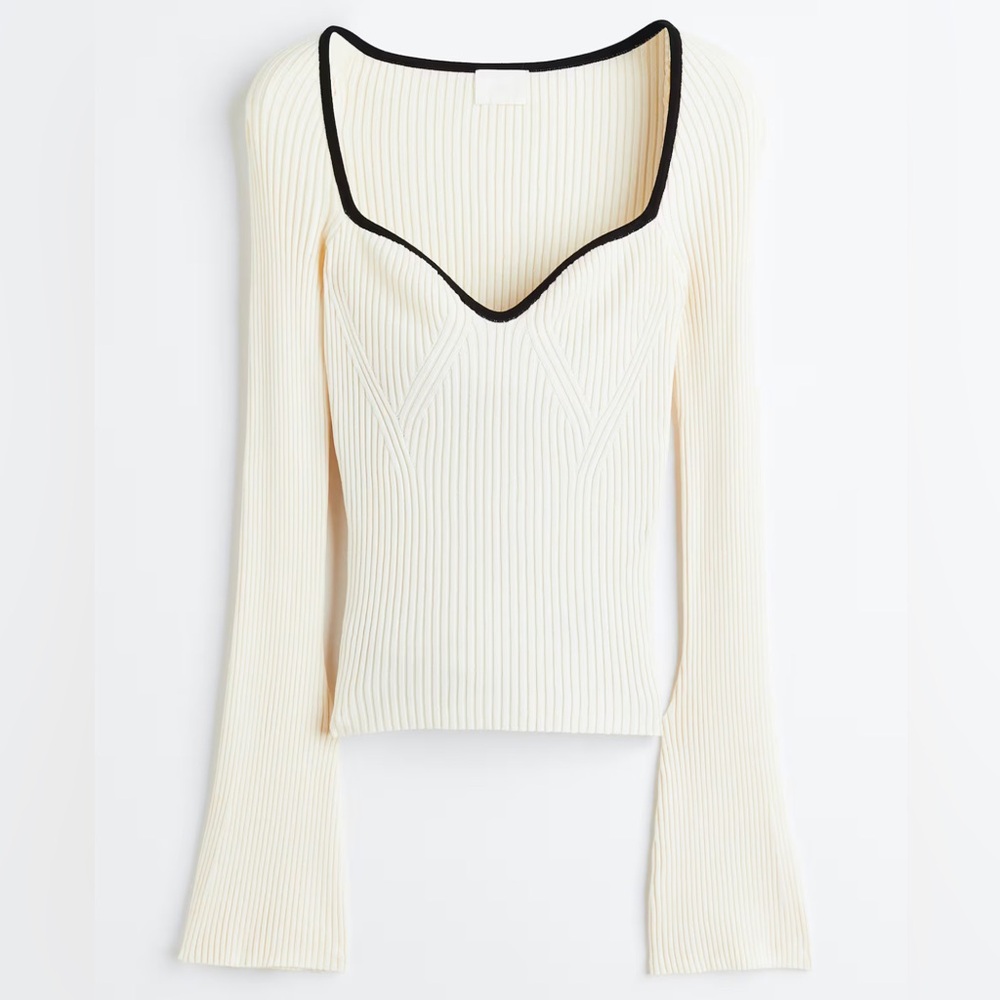 H&M Cream and Black Sweetheart Neckline Ribbed Sweater XL